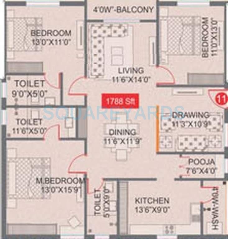 Floor plan of 3 BHK 1788 Sq. Ft. Apartment in Legend Horizon, Hyderabad