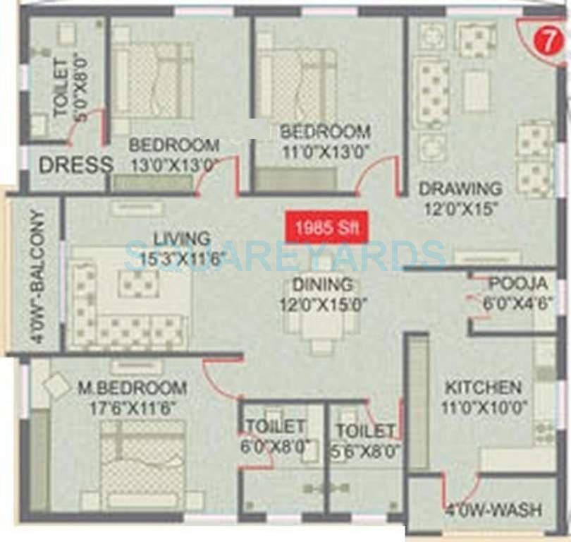 Floor plan of 3 BHK 1985 Sq. Ft. Apartment in Legend Horizon, Hyderabad