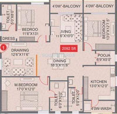 Floor plan of 3 BHK 2092 Sq. Ft. Apartment in Legend Horizon, Hyderabad