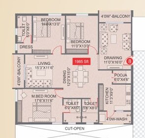 Floor plan of 3 BHK 2105 Sq. Ft. Apartment in Legend Horizon, Hyderabad