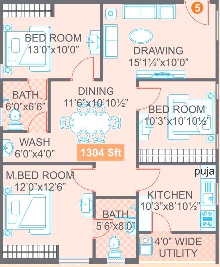 Floor plan of 3 BHK 1304 Sq. Ft. Apartment in Legend Jagannath, Hyderabad