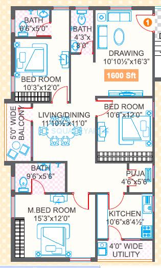 Floor plan of 3 BHK 1600 Sq. Ft. Apartment in Legend Jagannath, Hyderabad