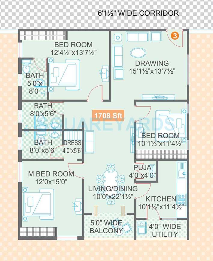Floor plan of 3 BHK 1708 Sq. Ft. Apartment in Legend Jagannath, Hyderabad