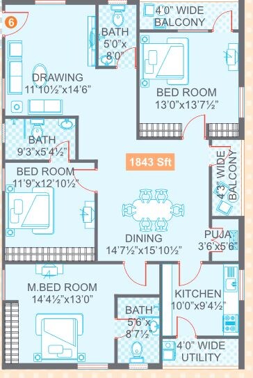 Floor plan of 3 BHK 1843 Sq. Ft. Apartment in Legend Jagannath, Hyderabad