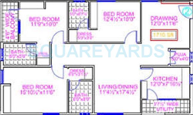 Floor plan of 3 BHK 1710 Sq. Ft. Apartment in Legend Premier, Hyderabad