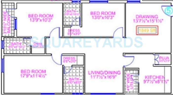 Floor plan of 3 BHK 1849 Sq. Ft. Apartment in Legend Premier, Hyderabad