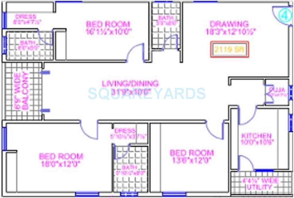Floor plan of 3 BHK 2119 Sq. Ft. Apartment in Legend Premier, Hyderabad