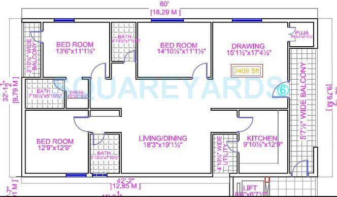 Floor plan of 3 BHK 2409 Sq. Ft. Apartment in Legend Premier, Hyderabad