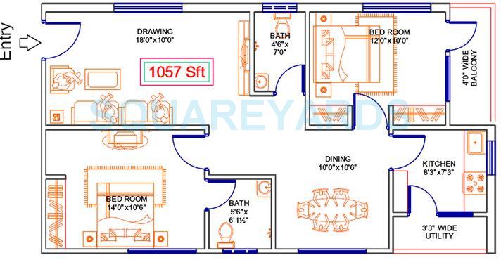 Floor plan of 2 BHK 1057 Sq. Ft. Apartment in Legend Serene Bay, Hyderabad