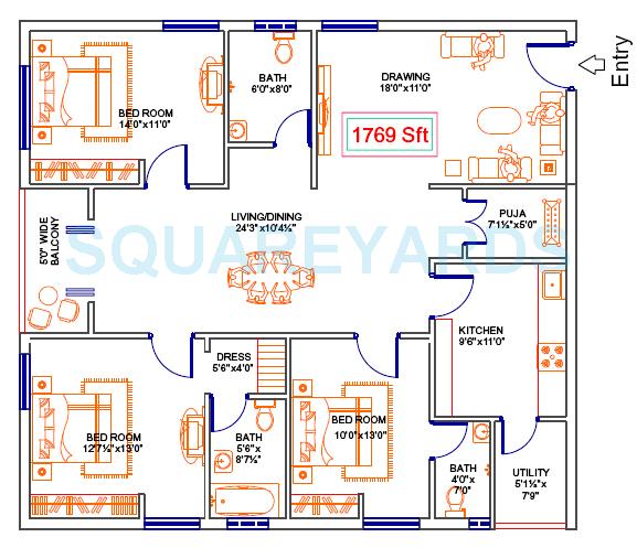 Floor plan of 3 BHK 1769 Sq. Ft. Apartment in Legend Serene Bay, Hyderabad