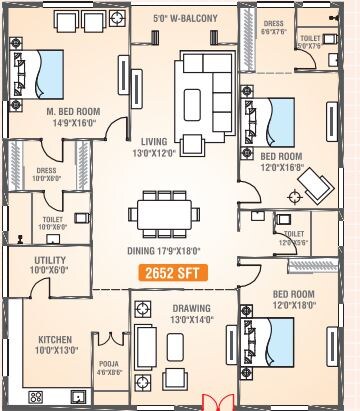 Floor plan of 3 BHK 2652 Sq. Ft. Apartment in Legend Signature, Hyderabad