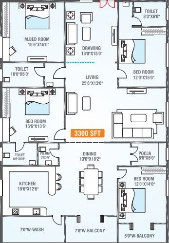 Floor plan of 4 BHK 3300 Sq. Ft. Apartment in Legend Signature, Hyderabad