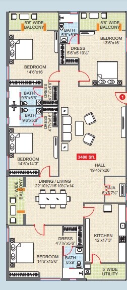 Floor plan of 4 BHK 3400 Sq. Ft. Apartment in Legend Solaris, Hyderabad