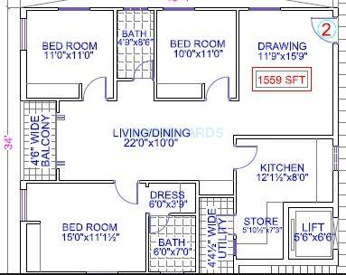 Floor plan of 3 BHK 1559 Sq. Ft. Apartment in Legend Tulips, Hyderabad