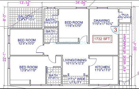 Floor plan of 3 BHK 1732 Sq. Ft. Apartment in Legend Tulips, Hyderabad