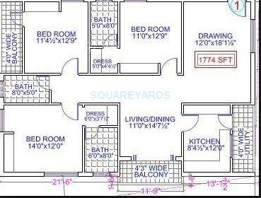 Floor plan of 3 BHK 1774 Sq. Ft. Apartment in Legend Tulips, Hyderabad