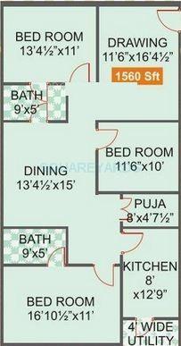 Floor plan of 3 BHK 1560 Sq. Ft. Apartment in Legend Venkatesa, Hyderabad
