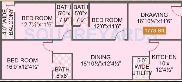 Floor plan of 3 BHK 1778 Sq. Ft. Apartment in Legend Venkatesa, Hyderabad