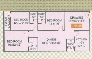 Floor plan of 3 BHK 1843 Sq. Ft. Apartment in Legend Venkatesa, Hyderabad