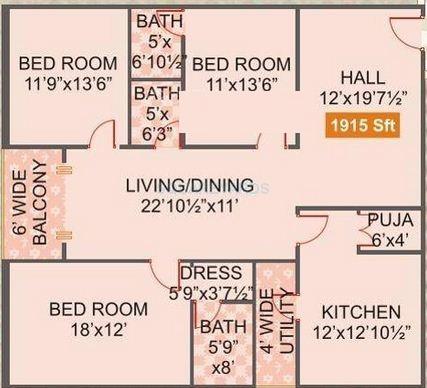 Floor plan of 3 BHK 1915 Sq. Ft. Apartment in Legend Venkatesa, Hyderabad