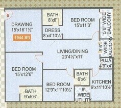 Floor plan of 3 BHK 1992 Sq. Ft. Apartment in Legend Venkatesa, Hyderabad