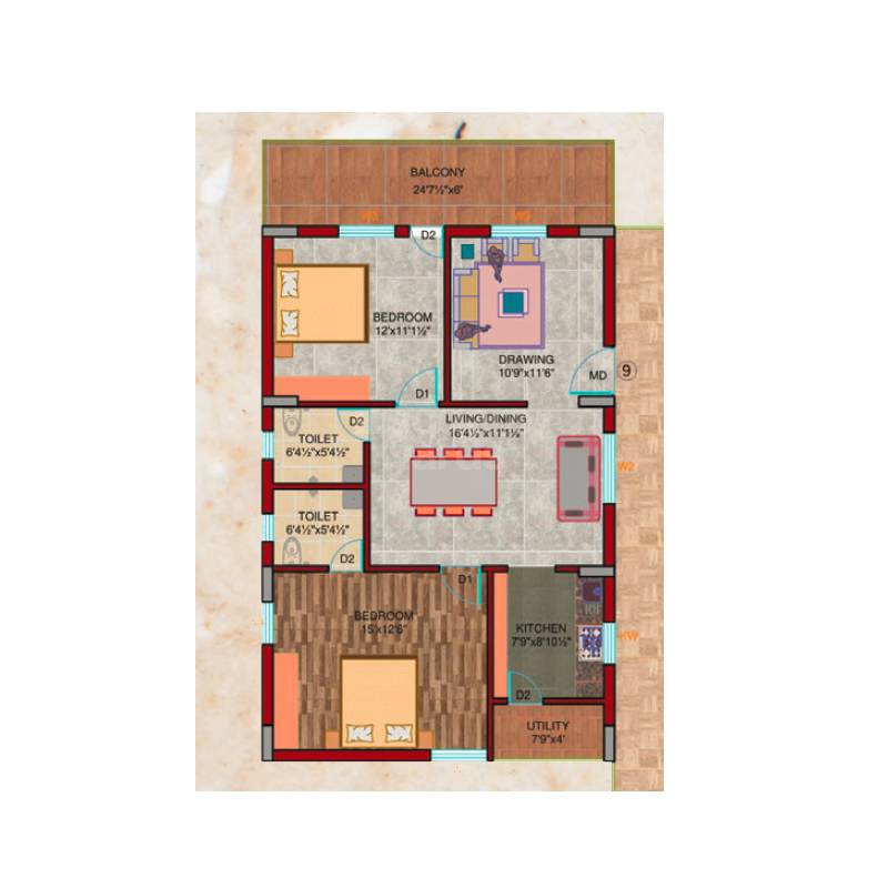 Floor plan of 2 BHK 1034 Sq. Ft. Apartment in Leonardo Hrinda Harivillu, Hyderabad