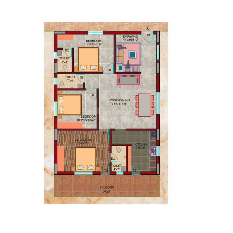 Floor plan of 3 BHK 1333 Sq. Ft. Apartment in Leonardo Hrinda Harivillu, Hyderabad