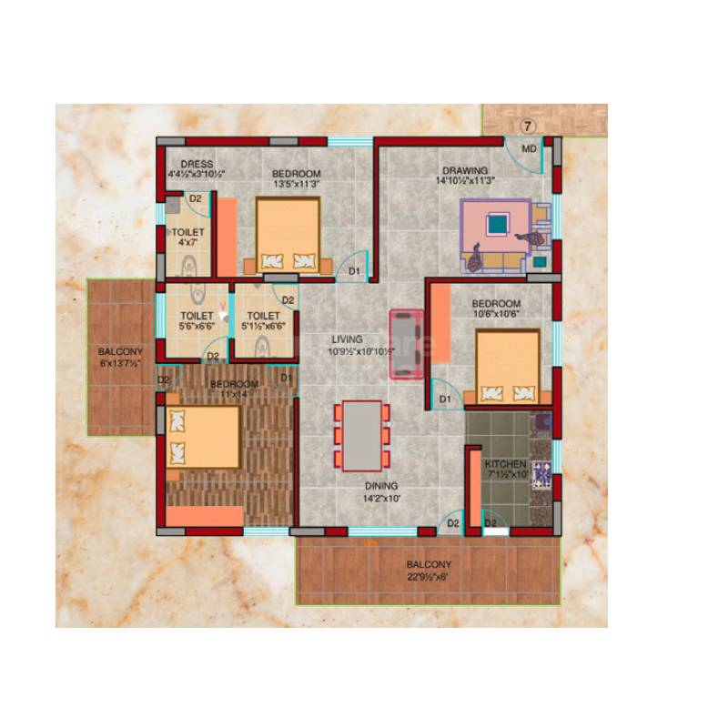 Floor plan of 3 BHK 1638 Sq. Ft. Apartment in Leonardo Hrinda Harivillu, Hyderabad