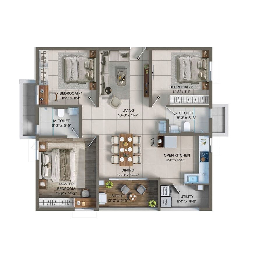 Floor plan of 3 BHK 1550 Sq. Ft. Apartment in Levonor Egeira, Hyderabad