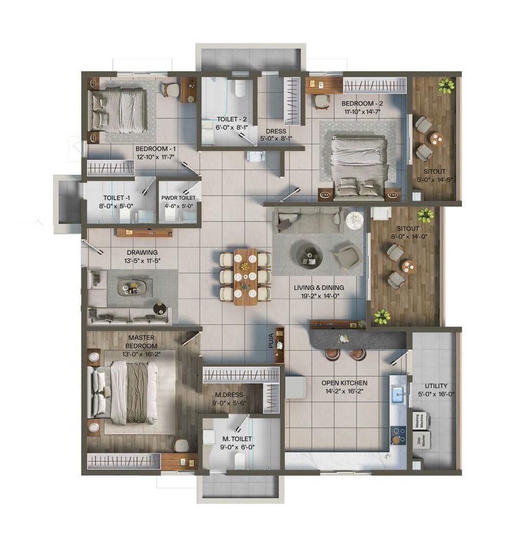 Floor plan of 3 BHK 2659 Sq. Ft. Apartment in Levonor Egeira, Hyderabad