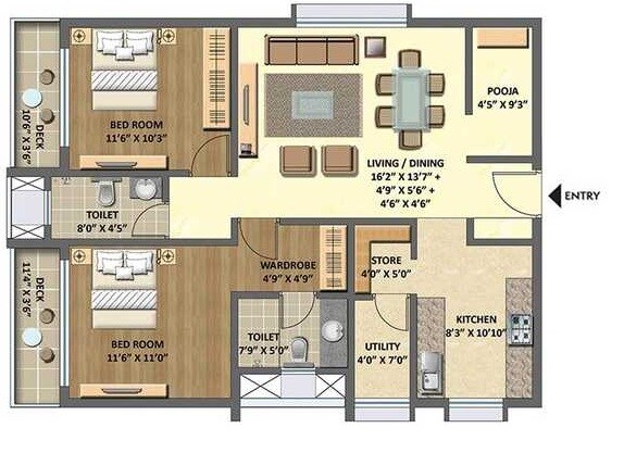 Floor plan of 2 BHK 1278 Sq. Ft. Apartment in Lodha Meridian, Hyderabad