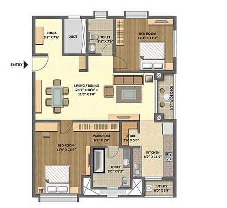 Floor plan of 2 BHK 1440 Sq. Ft. Apartment in Lodha Meridian, Hyderabad