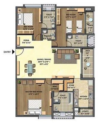 Floor plan of 3 BHK 1818 Sq. Ft. Apartment in Lodha Meridian, Hyderabad