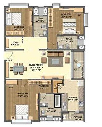 Floor plan of 3 BHK 2259 Sq. Ft. Apartment in Lodha Meridian, Hyderabad