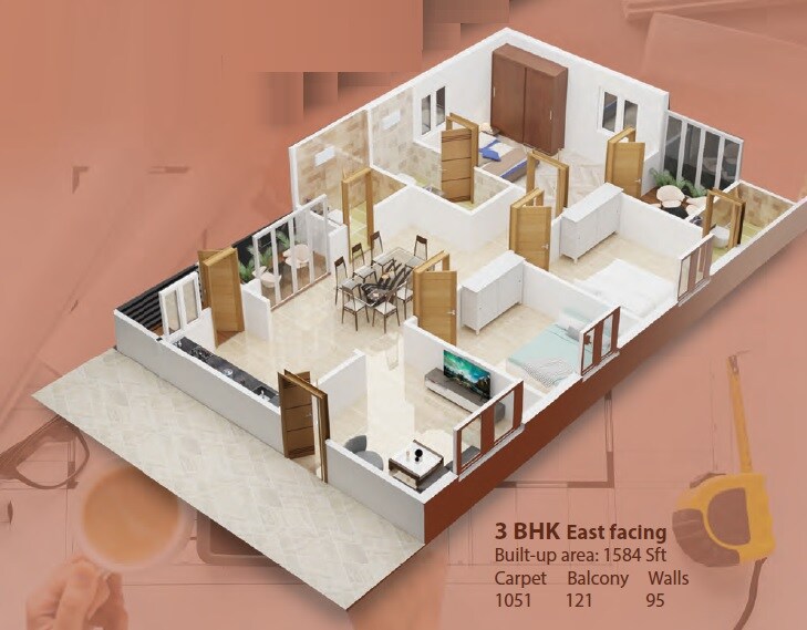 Floor plan of 3 BHK 1584 Sq. Ft. Apartment in Lohiya Samppan, Hyderabad