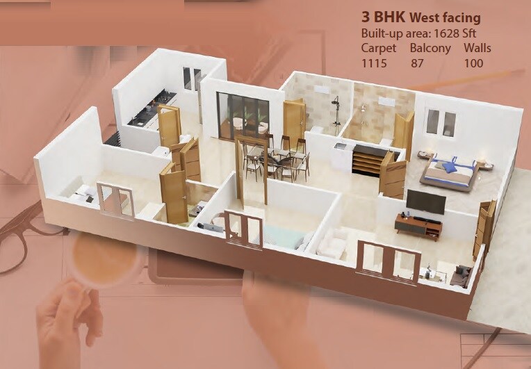 Floor plan of 3 BHK 1628 Sq. Ft. Apartment in Lohiya Samppan, Hyderabad