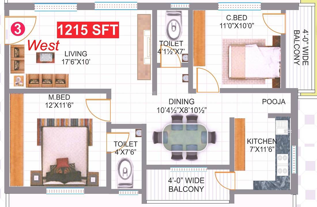 Floor plan of 2 BHK 1215 Sq. Ft. Apartment in Lotus Aspira, Hyderabad