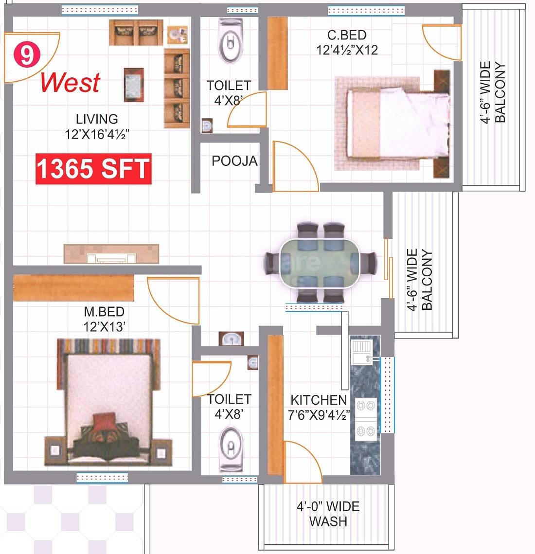Floor plan of 2 BHK 1365 Sq. Ft. Apartment in Lotus Aspira, Hyderabad