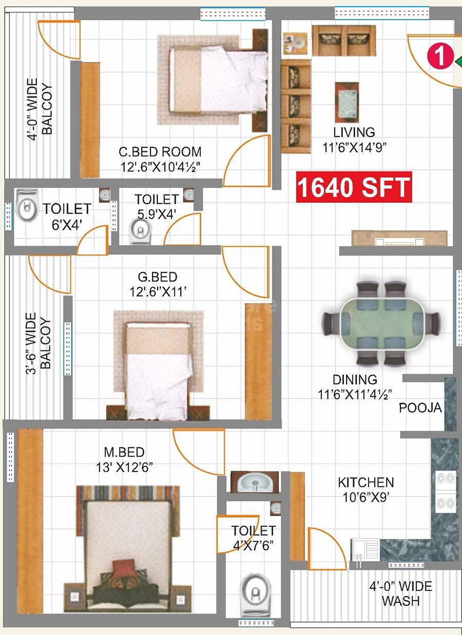 Floor plan of 3 BHK 1640 Sq. Ft. Apartment in Lotus Aspira, Hyderabad
