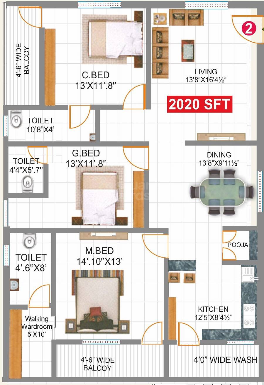 Floor plan of 3 BHK 2020 Sq. Ft. Apartment in Lotus Aspira, Hyderabad
