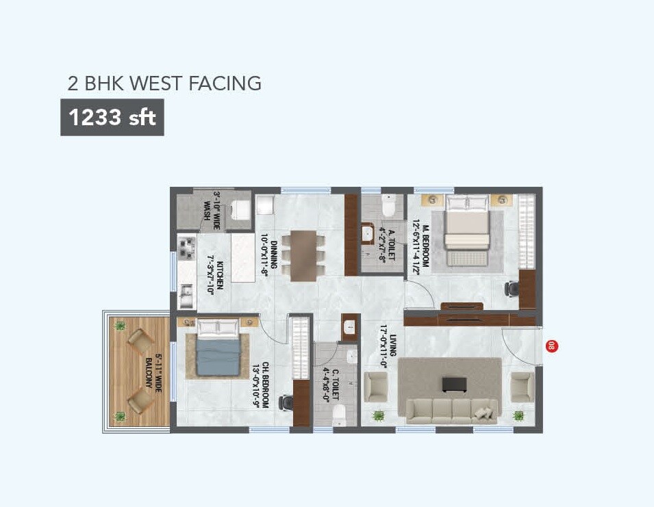 Floor plan of 2 BHK 1233 Sq. Ft. Apartment in Lotus Grand, Hyderabad