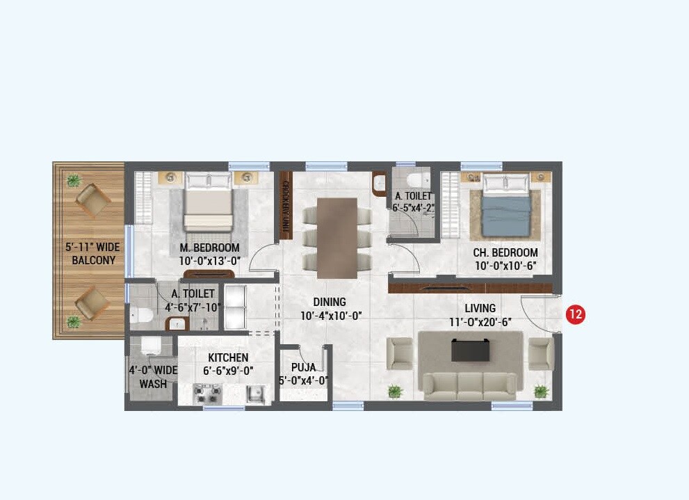 Floor plan of 2 BHK 1335 Sq. Ft. Apartment in Lotus Grand, Hyderabad