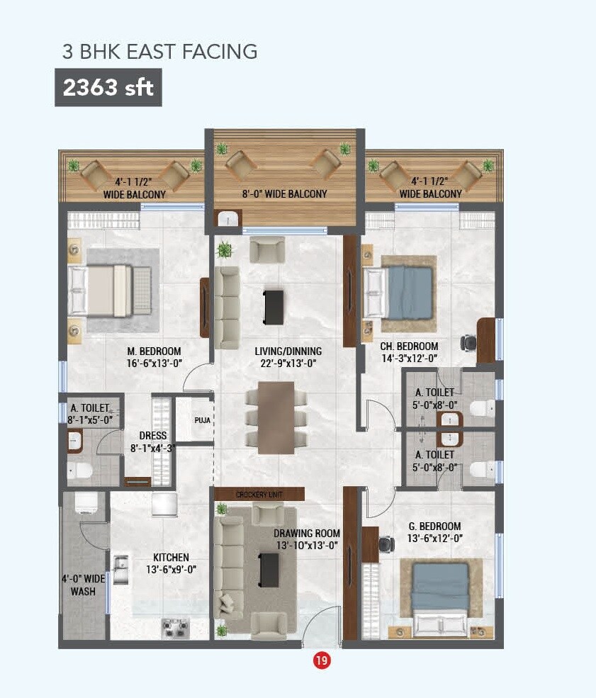 Floor plan of 3 BHK 2363 Sq. Ft. Apartment in Lotus Grand, Hyderabad