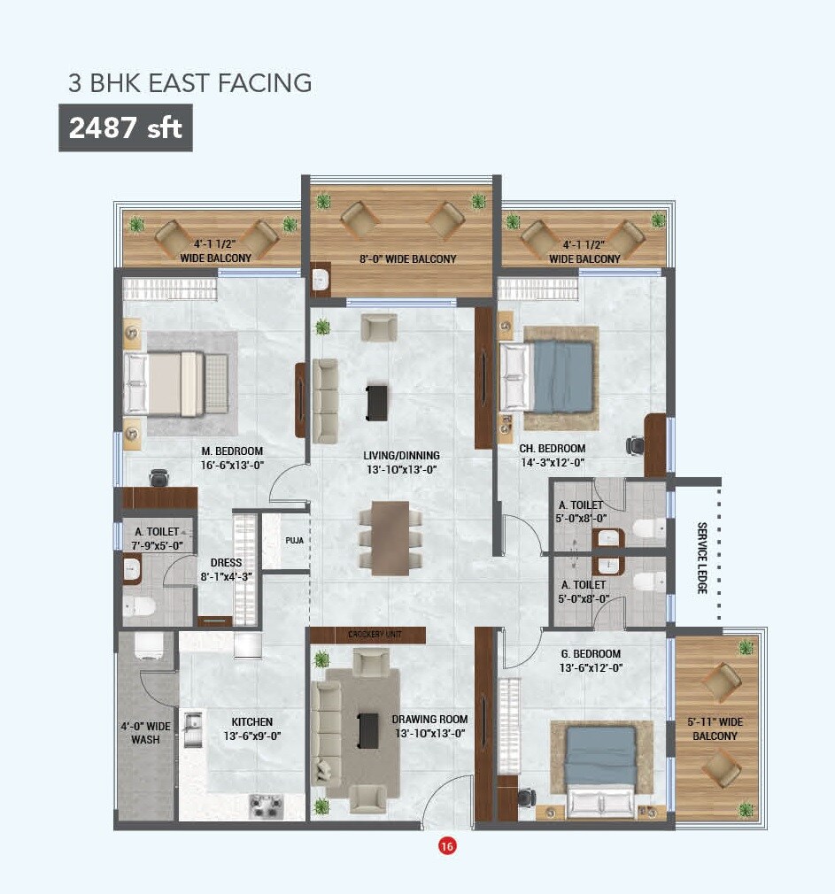 Floor plan of 3 BHK 2487 Sq. Ft. Apartment in Lotus Grand, Hyderabad