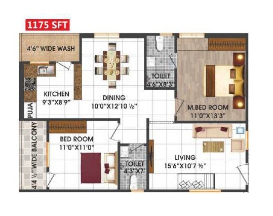 Floor plan of 2 BHK 1175 Sq. Ft. Apartment in Lotus Srinivasam, Hyderabad