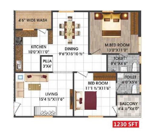 Floor plan of 2 BHK 1230 Sq. Ft. Apartment in Lotus Srinivasam, Hyderabad