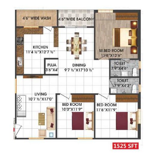 Floor plan of 3 BHK 1575 Sq. Ft. Apartment in Lotus Srinivasam, Hyderabad