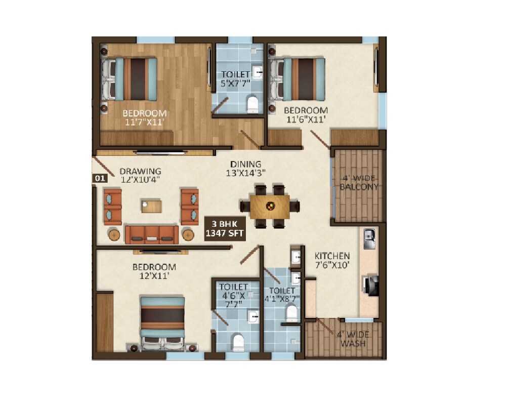 Floor plan of 3 BHK 1347 Sq. Ft. Apartment in Ludhani Krishna Fortune, Hyderabad