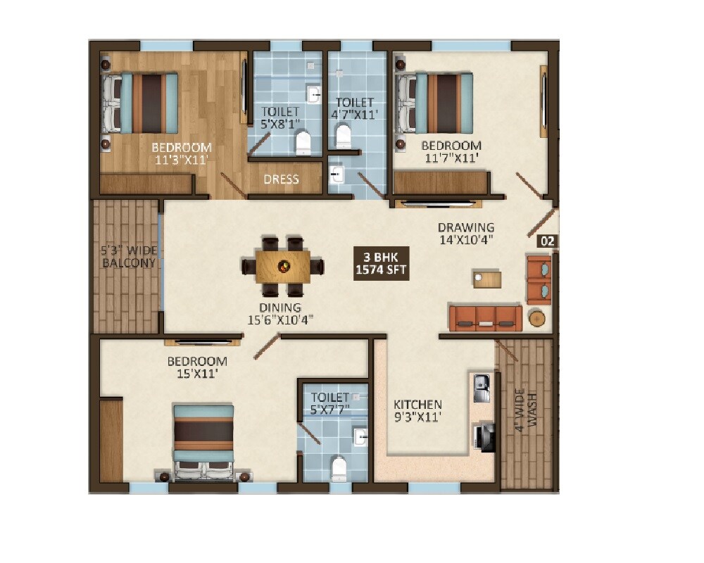 Floor plan of 3 BHK 1574 Sq. Ft. Apartment in Ludhani Krishna Fortune, Hyderabad