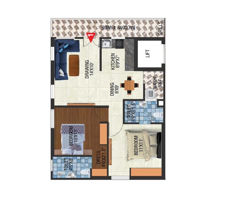Floor plan of 2 BHK 1043 Sq. Ft. Apartment in Ludhani Krishna Nivas, Hyderabad